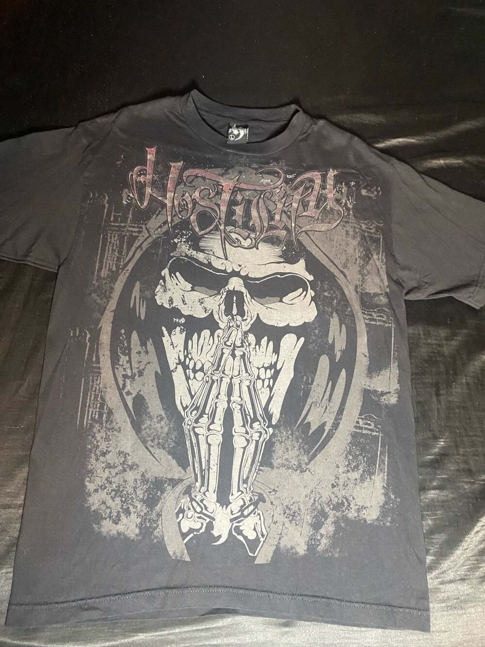 Hustle Black Graphic T-Shirt with Skeleton Prayer Design